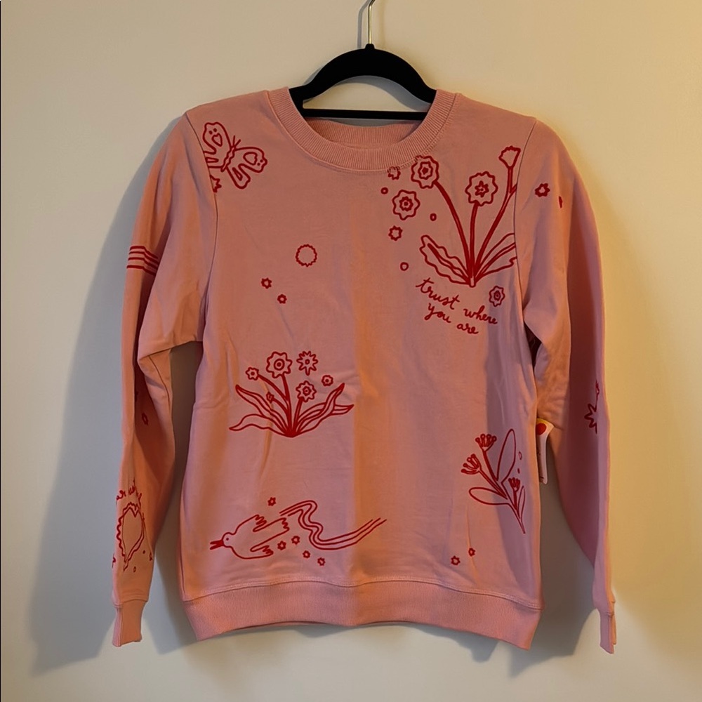 Ban.do Pink Sweatshirt with Red Floral Design